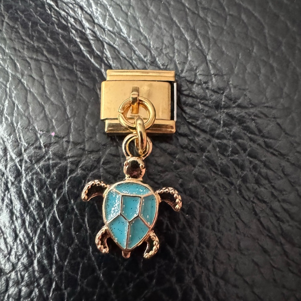 Gold tone Dangling Sea Turtle Italian Charm – Aqua Enamel Accent